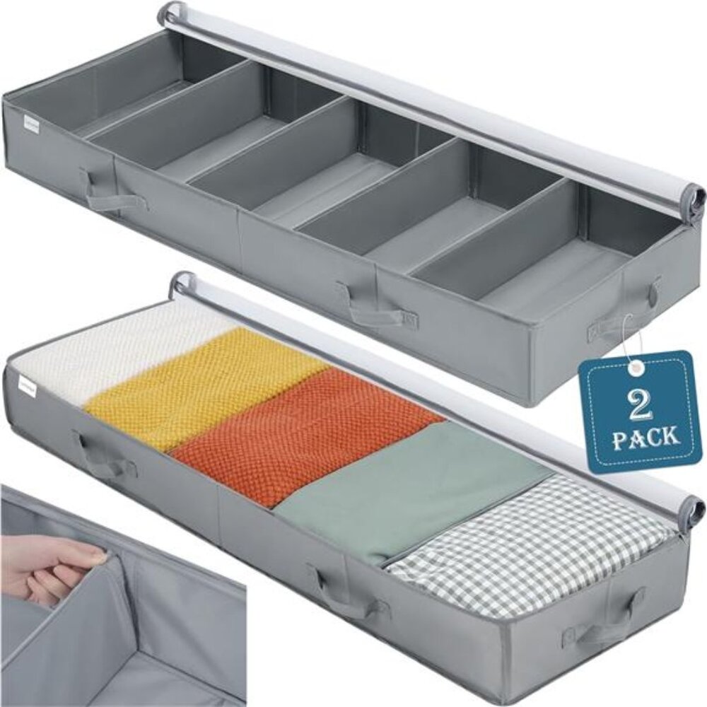 Under Bed Storage Containers, 2 Pack Under the Bed Bags with Dividers, Clear